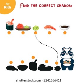 Asian food. Mini game for kids, find the correct shadow. Cute panda cooked sushi set, japanese food