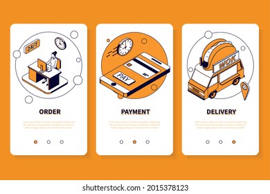 Asian Food Mobile App Design Concept With Order Payment Delivery Steps Isometric Vector Illustration