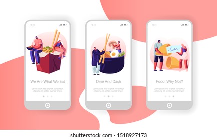 Asian Food Mobile App Page Onboard Screen Set. Tiny Male and Female Characters Eating Noodles in Box, Vegetables and Wish Cookie, Meal Concept for Website or Web Page. Cartoon Flat Vector Illustration