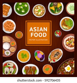 Asian food. National dishes on a wooden background. Vector flat illustration.