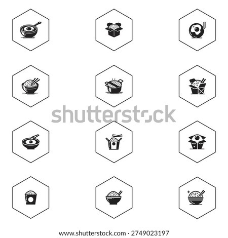 Asian food and noodle box vector icons, takeout meal symbols in hexagon frames