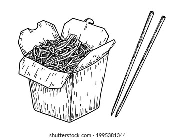 Asian food noodle sketch.Wok box. Asian fast food. Perfect for restaurant brochure, cafe flyer, delivery menu. Chinese noodles with chopsticks