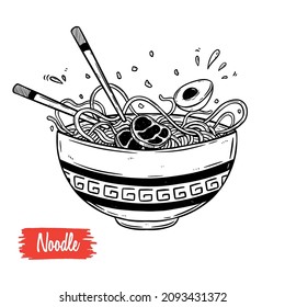 Asian food noodle sketch flying from bowl and chopsticks  Japanese noodle  vector sketch  Asian traditional food 