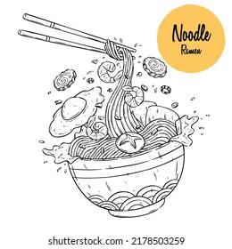 Asian food noodle sketch flying from a bowl with chopsticks. Japanese noodle, vector sketch. Asian traditional food.