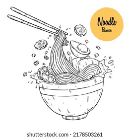 Asian food noodle sketch flying from a bowl with chopsticks. Japanese noodle, vector sketch. Asian traditional food.