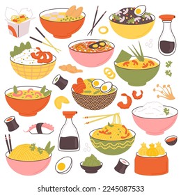 Asian food noodles flat icons set. Traditional Japanese, Chinese meal. Ramen, dim sum, fried shrimps. Wooden chopsticks, soy sauce and special dishware. Color isolated illustrations