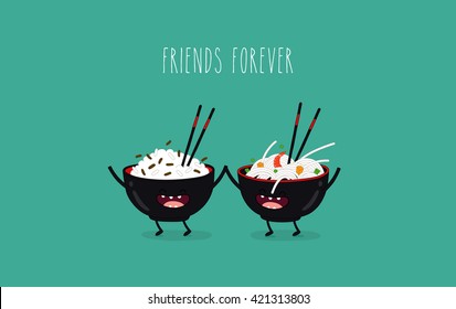 Asian food noodles and rice in black plates. Friend forever. Vector illustration. Comic character. You can use in the menu, in the shop, in the bar, the card or stickers.