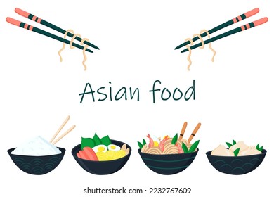 Asian food on plates and wooden chopsticks with noodles. vector illustration