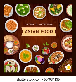 Asian food on a wooden table. Indian and Philippine cuisine. Vector flat illustration.