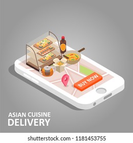 Asian food online concept. Vector isometric smartphone with asian cuisine delivery app. Sushi and other take away asian food, navigation map with pin marker and buy now button on smart phone screen.