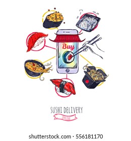 Asian food online delivery concept with different dishes of chinese and japanese cuisines isolated vector illustration