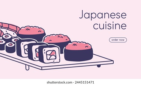 Asian food ordering website interface. Sushi rolls, maki and gunkan delivery, web-page background design. Japanese cuisine, Japan restaurant site, webpage UI template. Flat vector illustration
