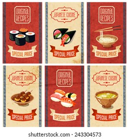 Asian food original recipes japanese cuisine special price banners set isolated vector illustration