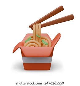 Asian food. Paper box with rice noodles, seasonings, chopsticks. Vector 3D illustration closeup