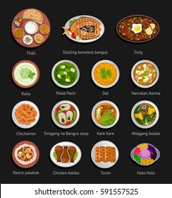 Asian food. Philippine and Indian cuisine. Big set of national dishes. Vector flat illustration.