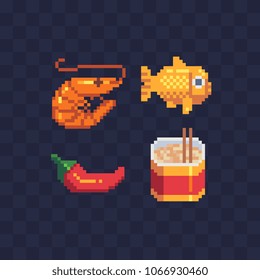 Asian Food Pixel Art Icons Set Seafood Soup With Noodles Shrimp Fish And Chili Peppers Isolated Vector Illustration. Design Logo, Mobile App, Sticker. Game Assets 8-bit Sprite.