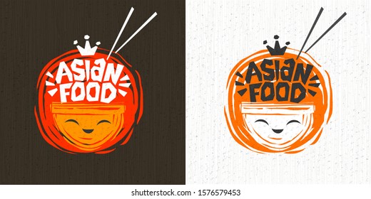 Asian food plate smile face logo, Noddle box, hot, lettering, splash, drops, textured background logotype design. Hand drawn vector illustration