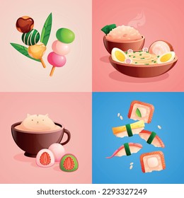 Asian food popular cute dishes flat 2x2 set isolated on color background vector illustration