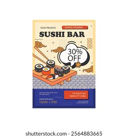 Asian Food Poster. Sushi ads. Poster of Sushi Restaurant. Vertical flyer. Realistic vector illustration.