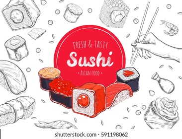 Asian Food Poster. Vector Hand Drawn, Sushi