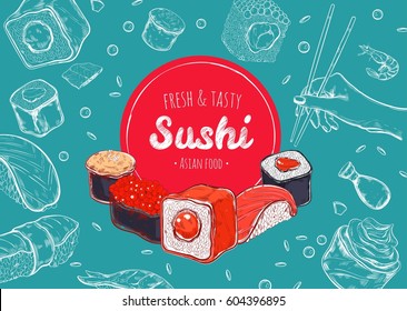 Asian Food poster. Vector hand drawn. Sushi