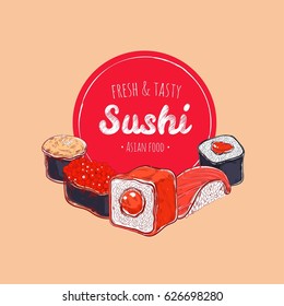 Asian Food poster. Vector hand drawn. Sushi