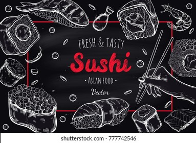 Asian Food poster. Vector Hand drawn illustration, Sushi frame