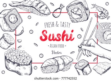 Asian Food poster. Vector Hand drawn illustration, Sushi frame