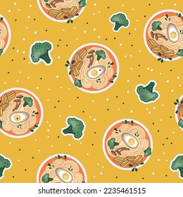 Asian food print. Pattern with udon or ramen soup, noodles, and broccoli. Suitable for restaurant banners, menus, and fast food advertisements. Seafood.
