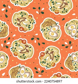 Papel de comida asiática. Patrón con sopa de udon o ramen. Tazón con fideos. Adecuado para banners, menús y anuncios de comida rápida. Comida coreana o china.