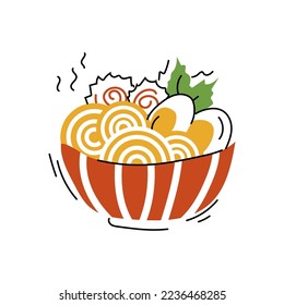Asian food rame. Korean or Japanese traditional cuisine. Hot noodle with egg and vegetables in bowl. Isolated vector illustration in hand drawn style