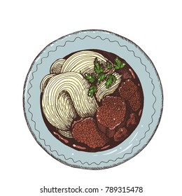 Asian food Ramen with beef. Noodles vintage vector illustration. Linear graphic. Cartoon style.