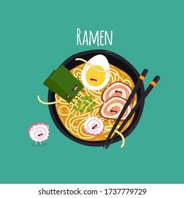 asian food ramen bowl. Funny asian food. Vector illustration. Use for the menu, in the shop, in the bar, the card or stickers. Easy to edit.