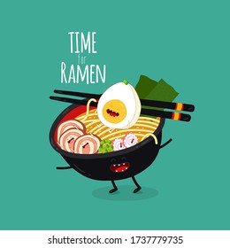 asian food ramen bowl. Funny asian food. Vector illustration. Use for the menu, in the shop, in the bar, the card or stickers. Easy to edit.