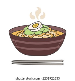 Asian food ramen with chopsticks doodle. Korean or Japanese traditional cuisine dish. Hot noodle with egg and vegetables in big bowl. Isolated vector illustration in hand drawn cartoon style