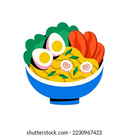 Asian food Ramen soup. Japanese dish with noodles, egg, pork and narutomaki in blue bowl
