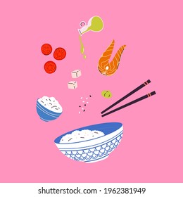 Asian food. Restaurant, cafe design element. Banner, flyer. Vector colorful Illustration in flat style. Salmon, oil, tofu, tomatoes, wasabi. Rice with traditional Ingredients in plate.