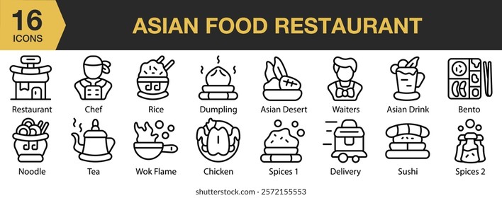 Asian Food Restaurant icon set. Includes food, restaurant, meal, asian, cuisine, and More. Outline icons vector collection.