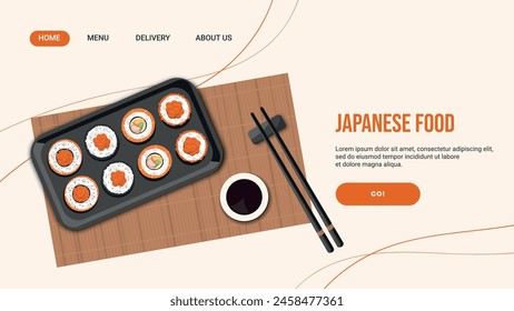 Asian food restaurant landing page with illustration of rolls on a bamboo napkin with chopsticks. Japanese food. Vector