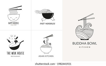 Comida asiática, colección de logotipos de restaurantes, ilustración a mano, logos de platos chinos, tailandeses, japoneses, ric, tazones de fideos