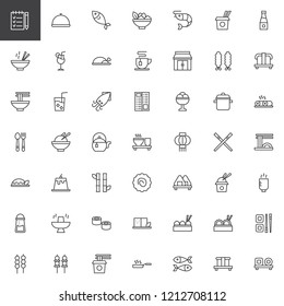 Asian food restaurant outline icons set. linear style symbols collection, line signs pack. vector graphics. Set includes icons as Shrimp Salad Bowl, Noodles Soup Box, Sushi rolls board, Green tea Cup