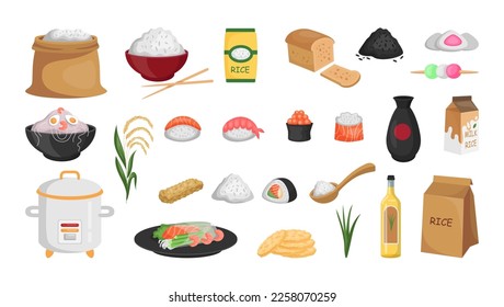 Asian food. Rice agriculture products. Cute variety diet ingredients. Noodle or sushi eating. Cereal sack and bowl. Salmon sashimi. Japanese meals set. Vector tidy isolated collection