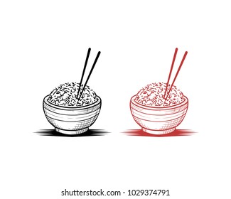 Asian Food - Rice On The Bowl With Chopsticks Hand Drawing Symbol Logo Vector