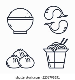 Asian Food. Rise, Shrimps, Dumplings and Wok Line icon vector illustration set