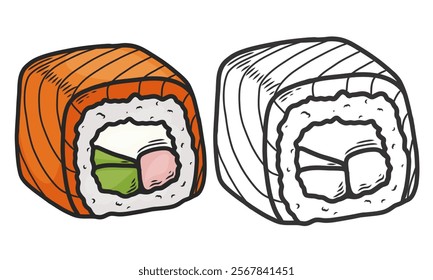 Asian food. Roll with salmon and avocado. Sketch style. Vector hand drawn illustration. Painted sketch
