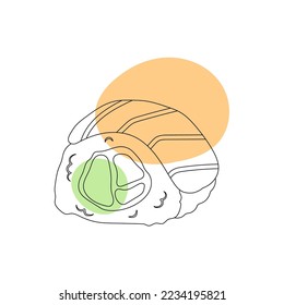 Asian food roll with salmon in the style of line art with colored spots. vector illustration