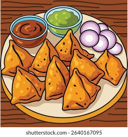 Asian food samosa with ketchup, green chili Chutney and sliced onion illustration