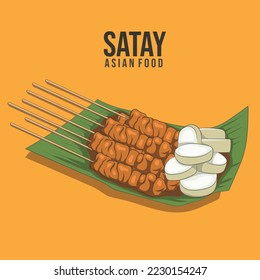 La comida asiática. Satay sobre la hoja de plátano. Satélite tradicional de carne de vacuno de Indonesia