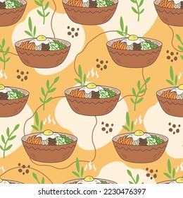 Asian food seamless pattern with bibimbap. Hand drawn Korean traditional hot dish seamless background with leaves, twigs and abstract elements for restaurant, menu, delivery, packaging, wrapping paper