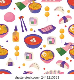 Asian food seamless pattern. Asian cuisine with various dishes noodles, sushi, dumplings, soup, mochi, and condiments. Vector flat illustration isolated on background